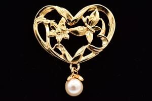 Vintage RA Gold Heart Flower Butterfly Pearl Dangle Brooch Romantic Pin 80s A25